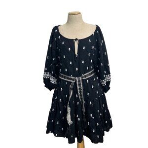 Cleobella Black Floral Peasant Dress With Embroidered Sleeves & Tassel Belt